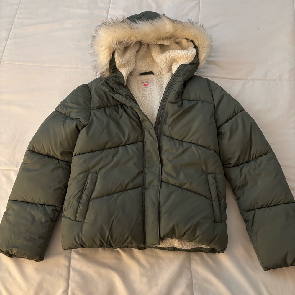 The Children's Place Green Puffer Jacket with Faux Fur Hood